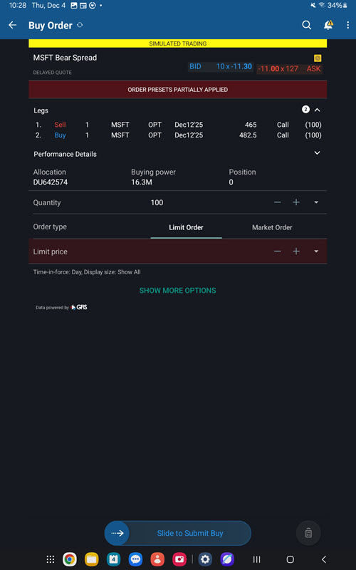 The roll option order on the android tablet. 